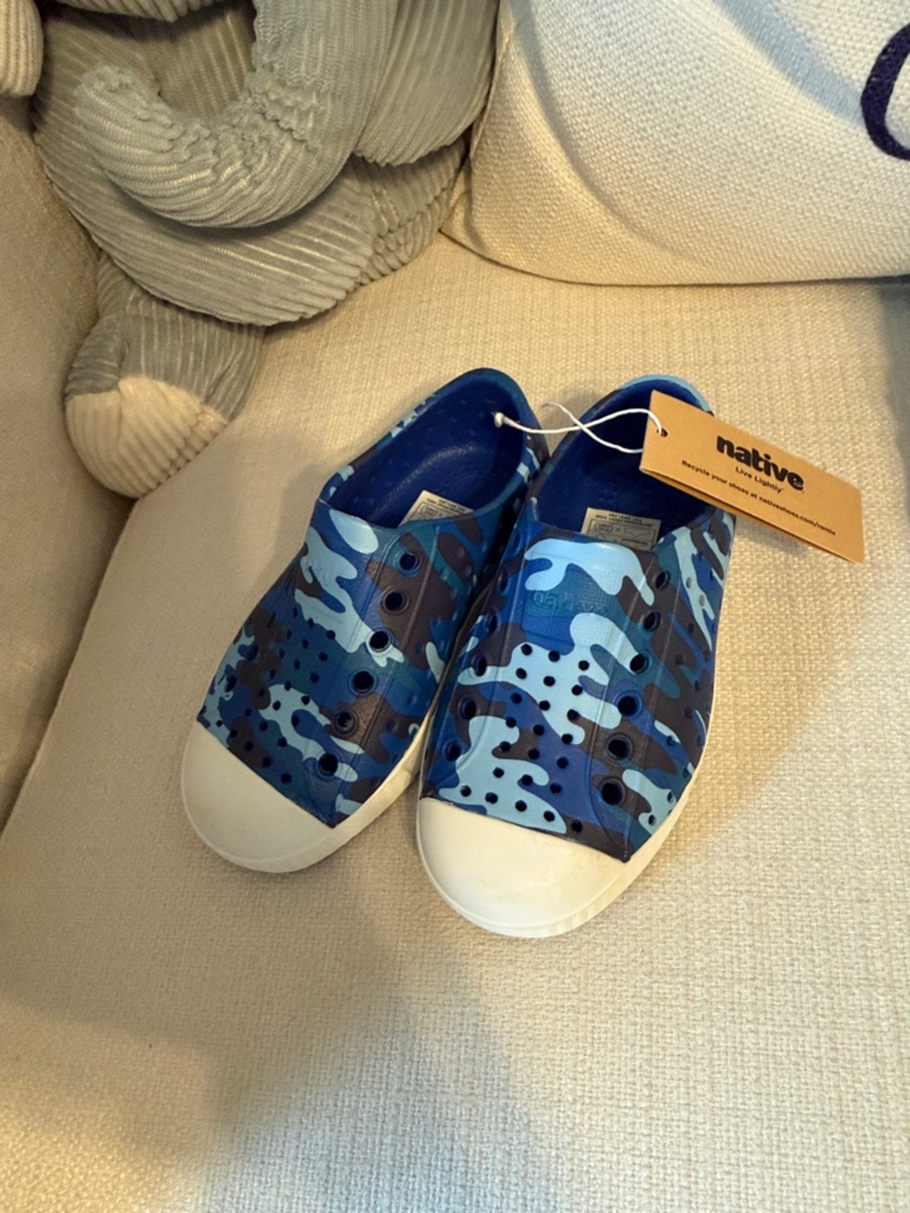 Native Kids Slip-On Sneakers in Blue Camo with White Toe